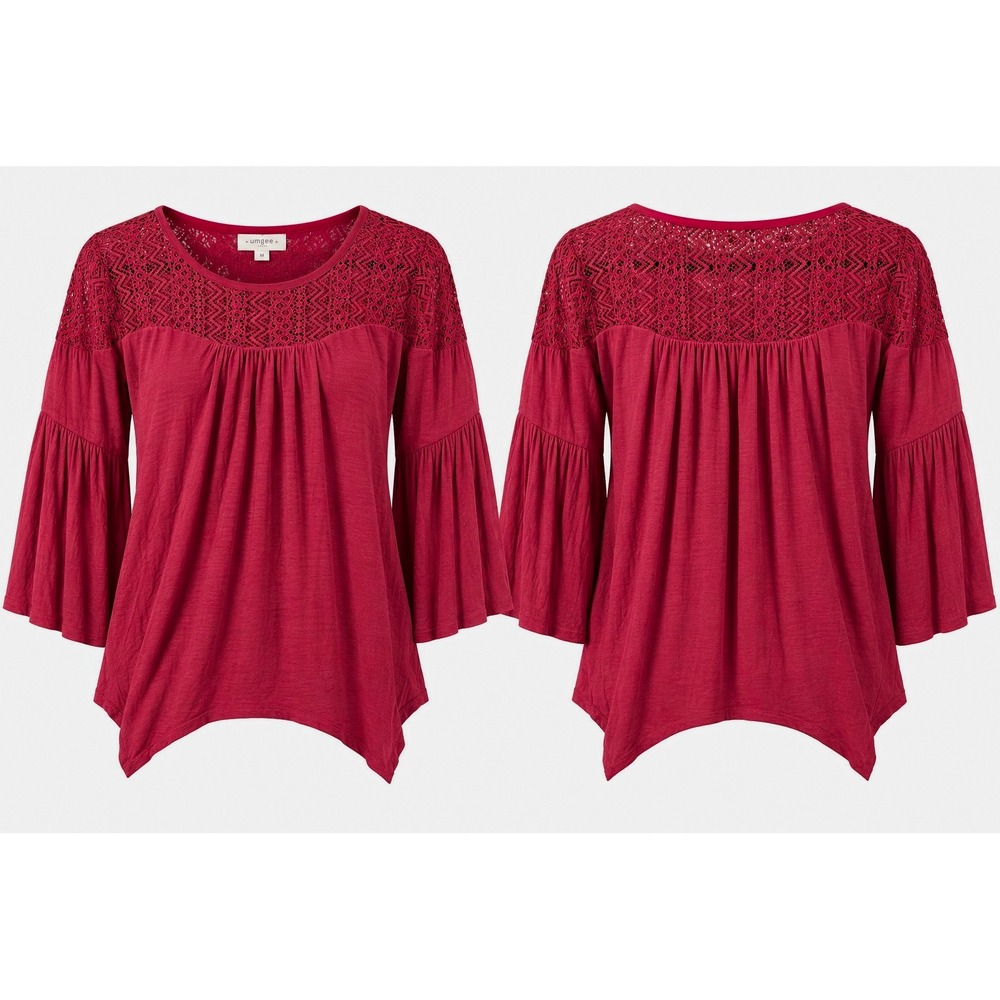 CUPIO Burgundy Lace Yoke 3/4 Bell Sleeve Pullover Blouse Size L Regular.